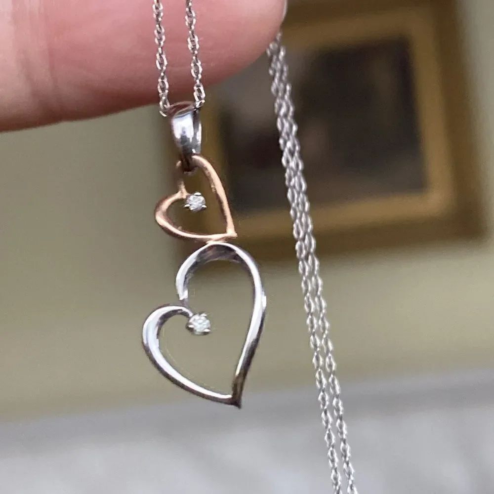 Ben Moss 10K White & Rose Gold & Diamonds Two Hearts Necklace Minimalist